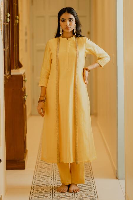 Buy_House Of Pink_Yellow Chanderi Kurta And Pant Set _Online_at_Aza_Fashions