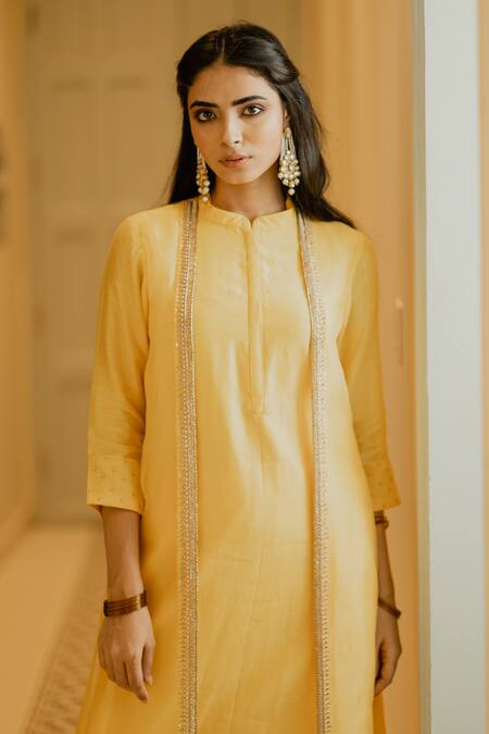 Shop_House Of Pink_Yellow Chanderi Kurta And Pant Set _Online_at_Aza_Fashions