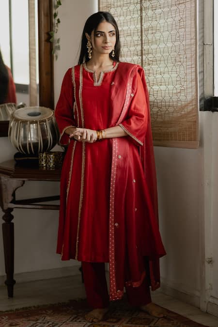 House Of Pink Red Organza, Chanderi Kurta Set