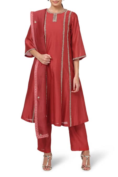 House Of Pink_Red Organza, Chanderi Kurta Set _Online_at_Aza_Fashions