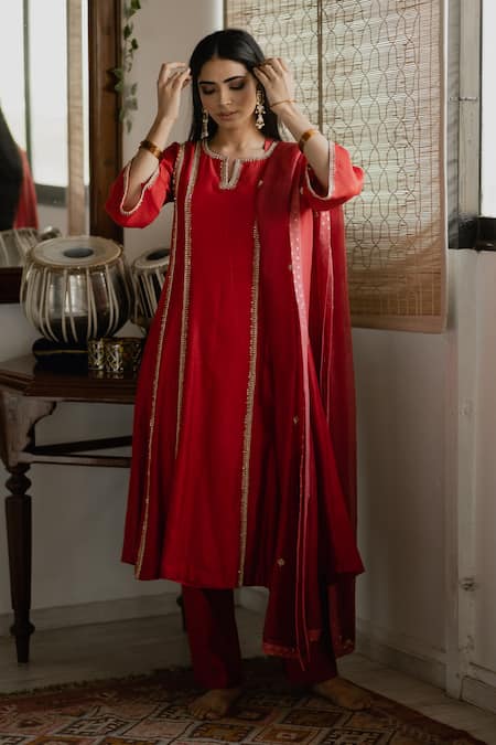 Buy_House Of Pink_Red Organza, Chanderi Kurta Set _Online_at_Aza_Fashions