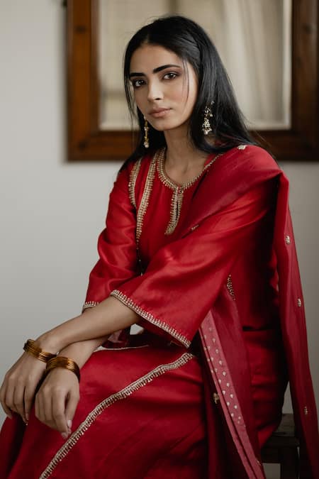 Shop_House Of Pink_Red Organza, Chanderi Kurta Set _Online_at_Aza_Fashions