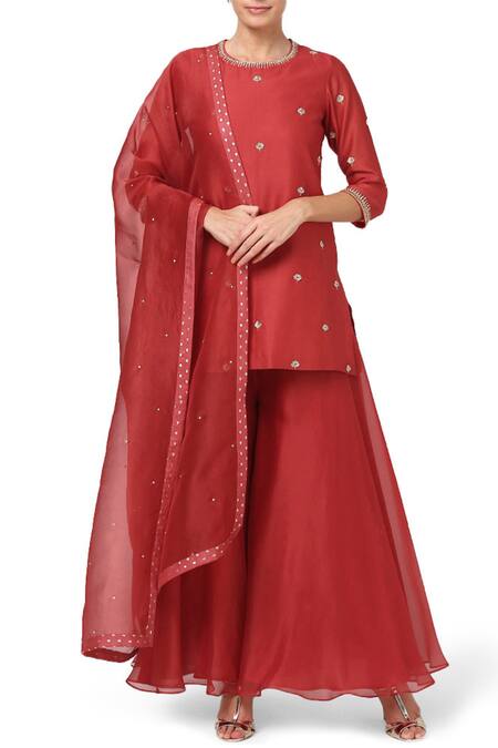 House Of Pink Red Organza, Chanderi Kurta Set Online at Aza Fashions House Of Pink_Red Organza, Chanderi Kurta Set _Online_at_Aza_Fashions