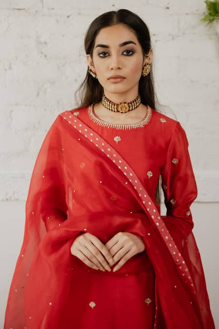 Shop House Of Pink Red Organza, Chanderi Kurta Set Online at Aza Fashions Shop_House Of Pink_Red Organza, Chanderi Kurta Set _Online_at_Aza_Fashions