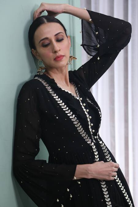Buy_Seams Pret And Couture_Black Georgette Embroidered Pearl Work V Neck Hope Jacket Pant Set _Online_at_Aza_Fashions