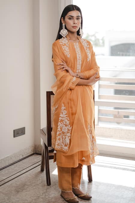 House Of Pink Orange Organza, Chanderi Round Kurta Set Online at Aza Fashions House Of Pink_Orange Organza, Chanderi Round Kurta Set _Online_at_Aza_Fashions