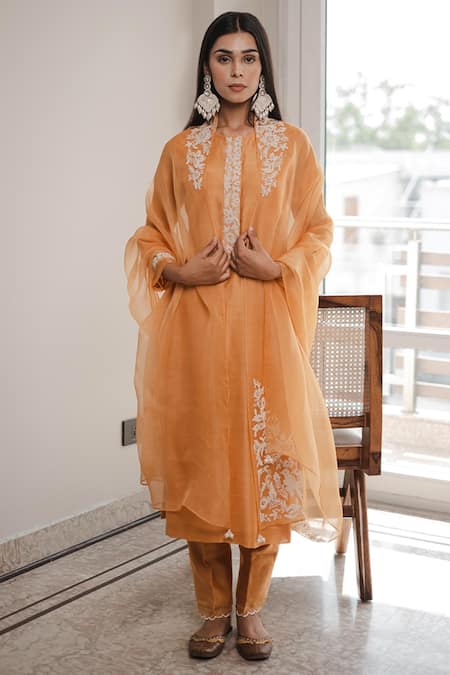 Shop House Of Pink Orange Organza, Chanderi Round Kurta Set Online at Aza Fashions Shop_House Of Pink_Orange Organza, Chanderi Round Kurta Set _Online_at_Aza_Fashions