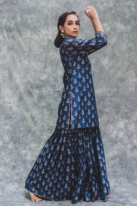 House Of Pink_Blue Chanderi Kurta Set_Online_at_Aza_Fashions