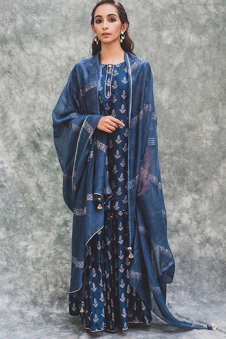 Buy_House Of Pink_Blue Chanderi Kurta Set_Online_at_Aza_Fashions