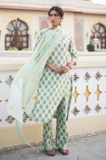House Of Pink Green Chanderi Kurta Set