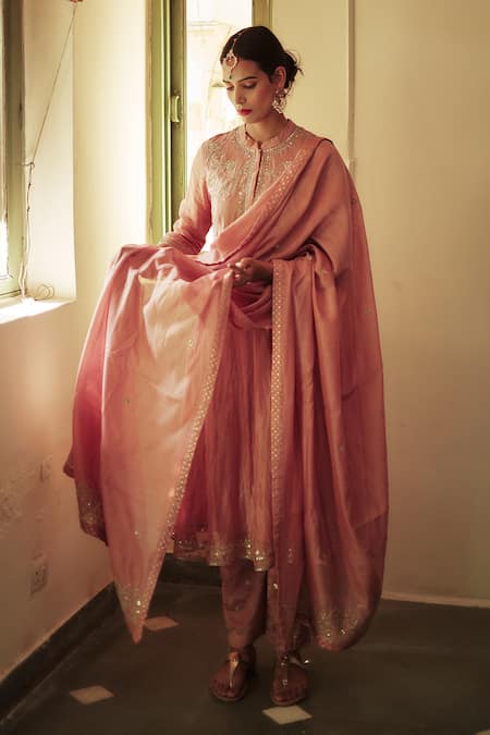 Shop House Of Pink Pink Chanderi Mandarin Collar Embroidered Anarkali Set at Aza Fashions Shop_House Of Pink_Pink Chanderi Mandarin Collar Embroidered Anarkali Set _at_Aza_Fashions