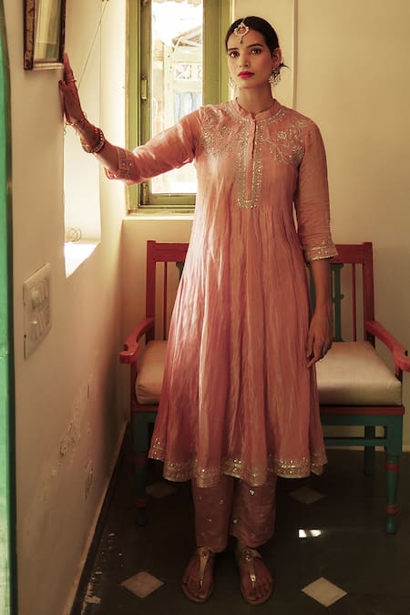 House Of Pink Pink Chanderi Mandarin Collar Embroidered Anarkali Set Online at Aza Fashions House Of Pink_Pink Chanderi Mandarin Collar Embroidered Anarkali Set _Online_at_Aza_Fashions