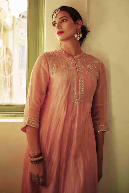 Buy House Of Pink Pink Chanderi Mandarin Collar Embroidered Anarkali Set Online at Aza Fashions Buy_House Of Pink_Pink Chanderi Mandarin Collar Embroidered Anarkali Set _Online_at_Aza_Fashions