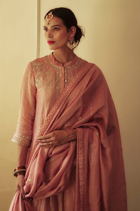 Shop House Of Pink Pink Chanderi Mandarin Collar Embroidered Anarkali Set Online at Aza Fashions Shop_House Of Pink_Pink Chanderi Mandarin Collar Embroidered Anarkali Set _Online_at_Aza_Fashions