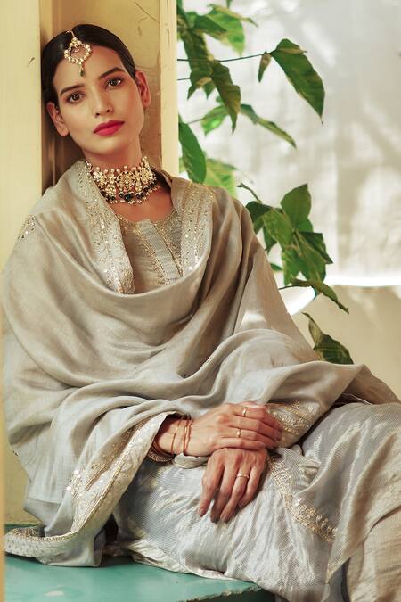 Shop House Of Pink Grey Chanderi Round Embroidered Kurta Set Online at Aza Fashions Shop_House Of Pink_Grey Chanderi Round Embroidered Kurta Set _Online_at_Aza_Fashions