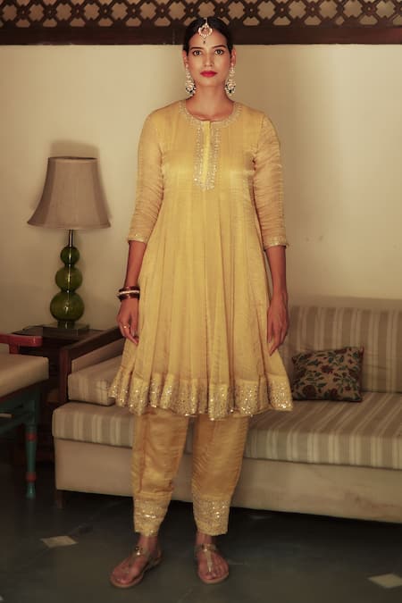 Shop House Of Pink Yellow Chanderi Round Embroidered Anarkali Set at Aza Fashions Shop_House Of Pink_Yellow Chanderi Round Embroidered Anarkali Set _at_Aza_Fashions