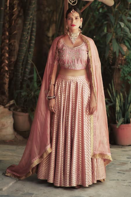 Shop House Of Pink Pink Chanderi V Neck Bridal Lehenga Set at Aza Fashions Shop_House Of Pink_Pink Chanderi V Neck Bridal Lehenga Set _at_Aza_Fashions