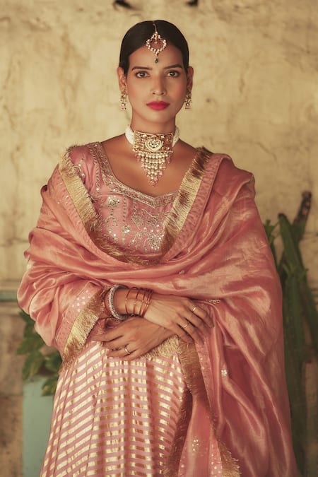 Shop House Of Pink Pink Chanderi V Neck Bridal Lehenga Set Online at Aza Fashions Shop_House Of Pink_Pink Chanderi V Neck Bridal Lehenga Set _Online_at_Aza_Fashions