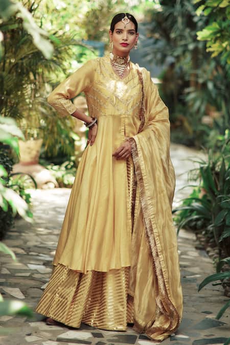 Shop House Of Pink Yellow Chanderi U Neck Kurta Lehenga Set at Aza Fashions Shop_House Of Pink_Yellow Chanderi U Neck Kurta Lehenga Set _at_Aza_Fashions