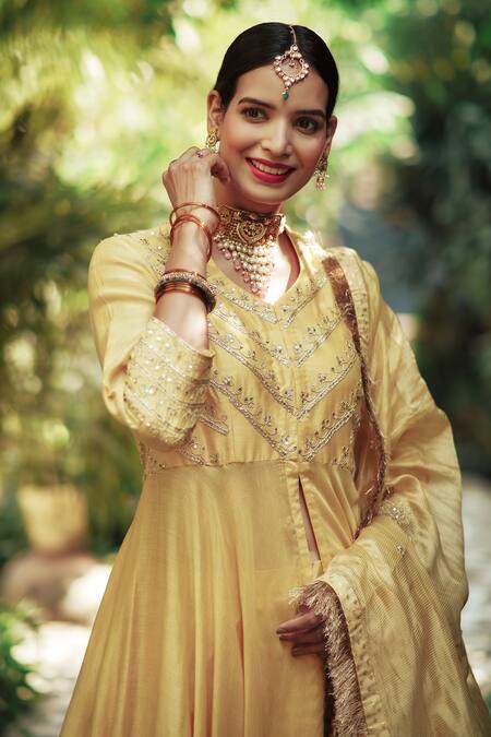 Shop House Of Pink Yellow Chanderi U Neck Kurta Lehenga Set Online at Aza Fashions Shop_House Of Pink_Yellow Chanderi U Neck Kurta Lehenga Set _Online_at_Aza_Fashions