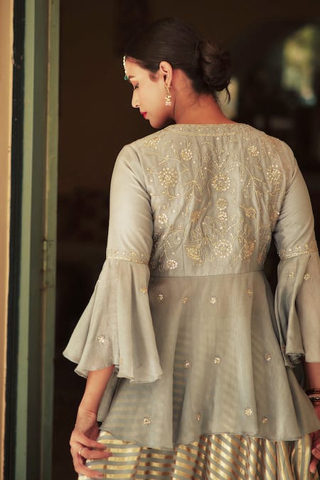 Shop House Of Pink Grey Chanderi Round Peplum Lehenga Set at Aza Fashions Shop_House Of Pink_Grey Chanderi Round Peplum Lehenga Set _at_Aza_Fashions