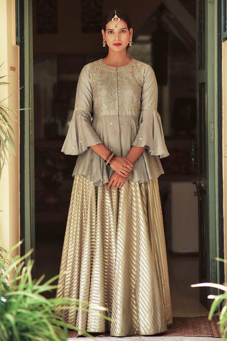 House Of Pink Grey Chanderi Round Peplum Lehenga Set Online at Aza Fashions House Of Pink_Grey Chanderi Round Peplum Lehenga Set _Online_at_Aza_Fashions