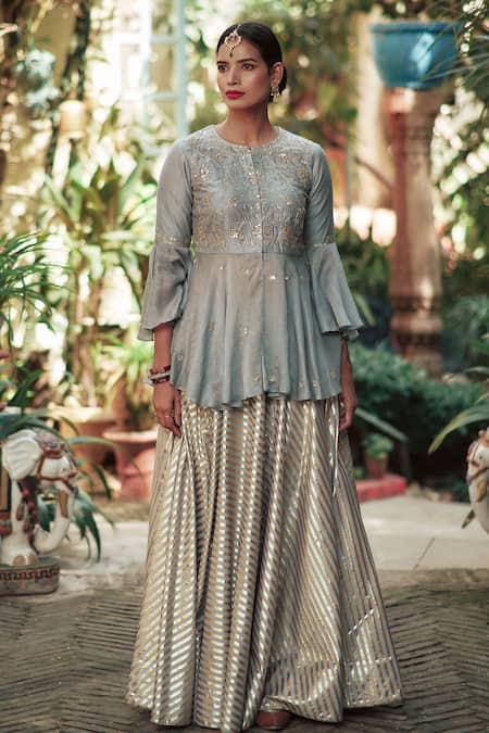 Buy House Of Pink Grey Chanderi Round Peplum Lehenga Set Online at Aza Fashions Buy_House Of Pink_Grey Chanderi Round Peplum Lehenga Set _Online_at_Aza_Fashions