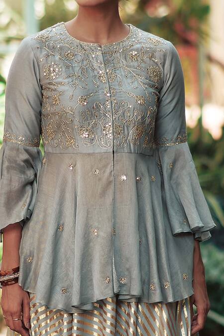 Shop House Of Pink Grey Chanderi Round Peplum Lehenga Set Online at Aza Fashions Shop_House Of Pink_Grey Chanderi Round Peplum Lehenga Set _Online_at_Aza_Fashions