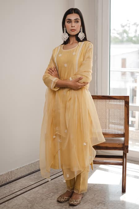 House Of Pink Yellow Organza, Chanderi Round Kurta Set 