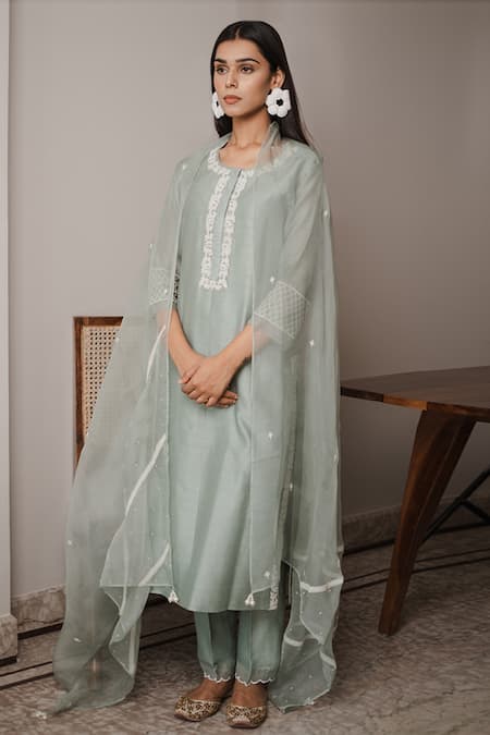 House Of Pink Green Organza, Chanderi Round Kurta Set 