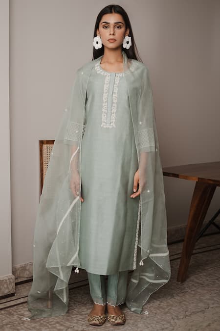 Shop House Of Pink Green Organza, Chanderi Round Kurta Set at Aza Fashions Shop_House Of Pink_Green Organza, Chanderi Round Kurta Set _at_Aza_Fashions