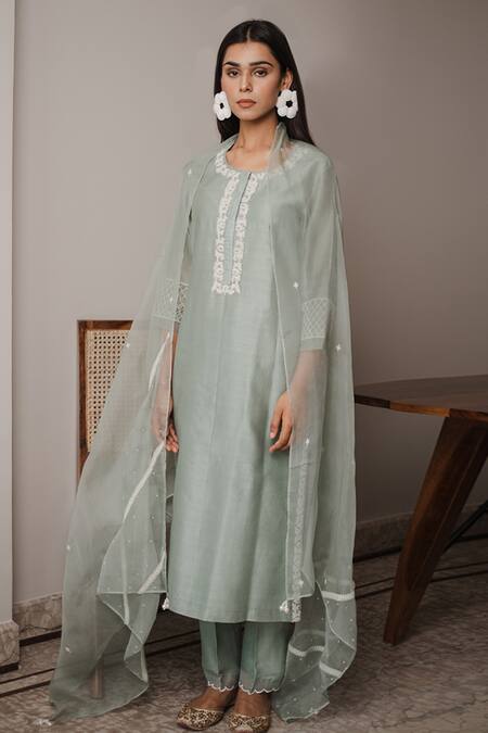 House Of Pink Green Organza, Chanderi Round Kurta Set Online at Aza Fashions House Of Pink_Green Organza, Chanderi Round Kurta Set _Online_at_Aza_Fashions