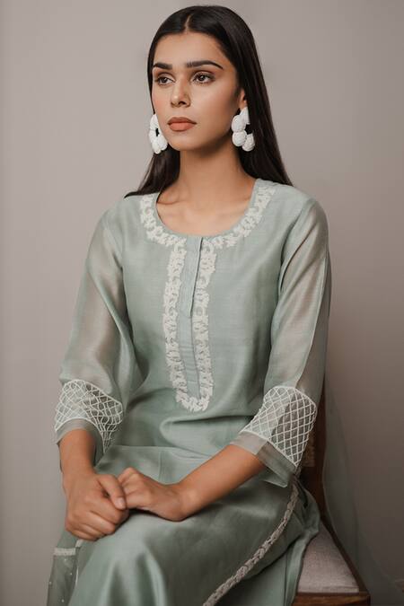 Buy House Of Pink Green Organza, Chanderi Round Kurta Set Online at Aza Fashions Buy_House Of Pink_Green Organza, Chanderi Round Kurta Set _Online_at_Aza_Fashions
