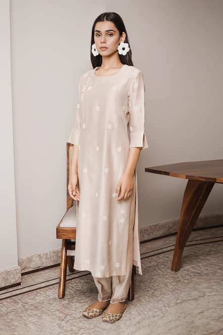 Shop House Of Pink Beige Organza, Chanderi Round Kurta Set at Aza Fashions Shop_House Of Pink_Beige Organza, Chanderi Round Kurta Set _at_Aza_Fashions