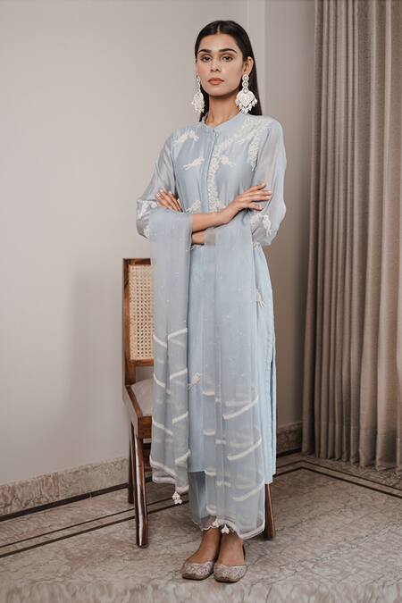 House Of Pink Blue Organza, Chanderi Mandarin Collar Kurta Set Online at Aza Fashions House Of Pink_Blue Organza, Chanderi Mandarin Collar Kurta Set _Online_at_Aza_Fashions