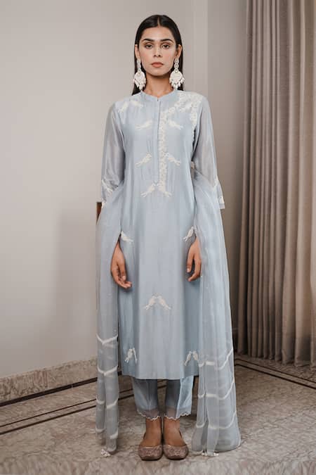 Shop House Of Pink Blue Organza, Chanderi Mandarin Collar Kurta Set at Aza Fashions Shop_House Of Pink_Blue Organza, Chanderi Mandarin Collar Kurta Set _at_Aza_Fashions