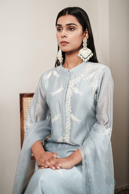 Buy House Of Pink Blue Organza, Chanderi Mandarin Collar Kurta Set Online at Aza Fashions Buy_House Of Pink_Blue Organza, Chanderi Mandarin Collar Kurta Set _Online_at_Aza_Fashions