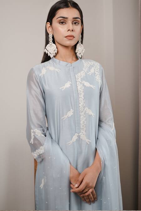 Shop House Of Pink Blue Organza, Chanderi Mandarin Collar Kurta Set Online at Aza Fashions Shop_House Of Pink_Blue Organza, Chanderi Mandarin Collar Kurta Set _Online_at_Aza_Fashions