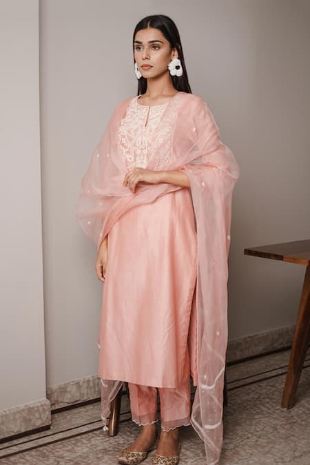 House Of Pink_Pink Organza, Chanderi Round Kurta Set _Online_at_Aza_Fashions