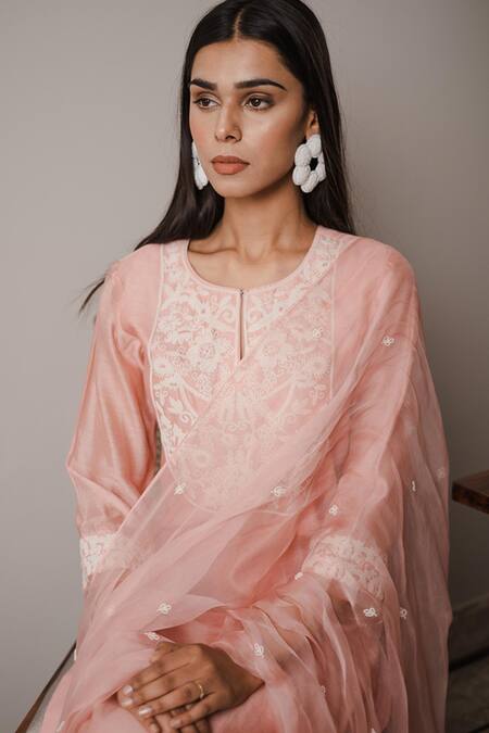 Shop_House Of Pink_Pink Organza, Chanderi Round Kurta Set _Online_at_Aza_Fashions