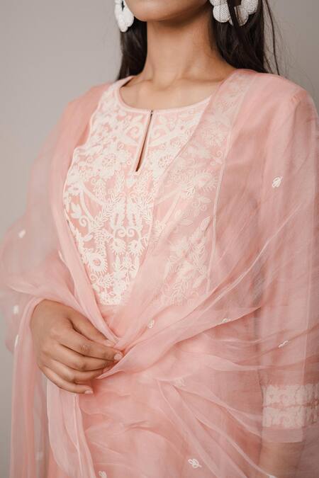 House Of Pink_Pink Organza, Chanderi Round Kurta Set _at_Aza_Fashions
