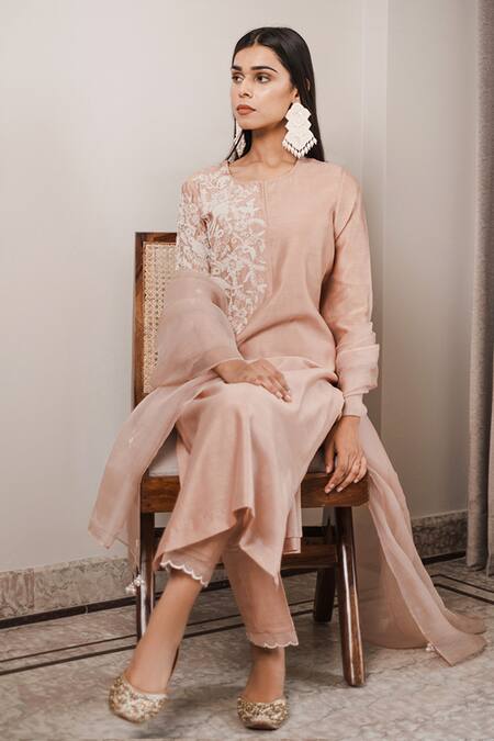 House Of Pink_Pink Organza, Chanderi Round Kurta Set _Online_at_Aza_Fashions