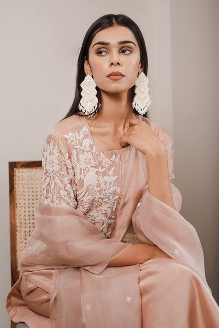 Buy_House Of Pink_Pink Organza, Chanderi Round Kurta Set _Online_at_Aza_Fashions