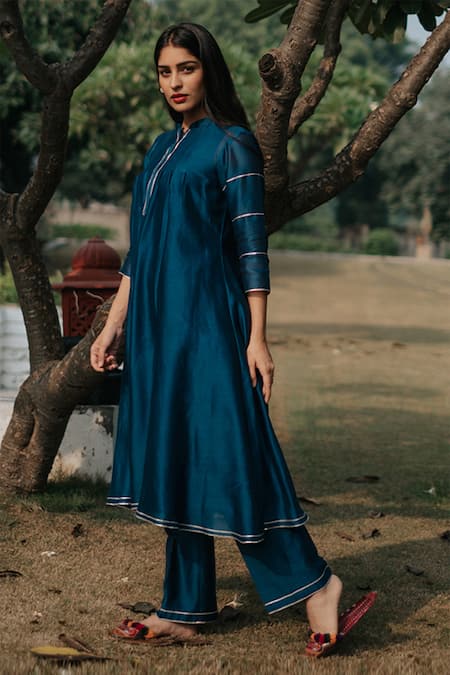 House Of Pink_Blue Chanderi Anarkali Set_Online_at_Aza_Fashions