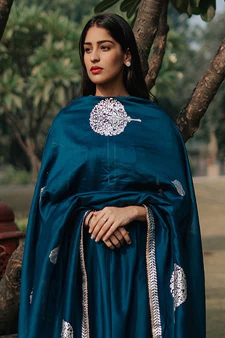 Buy_House Of Pink_Blue Chanderi Anarkali Set_Online_at_Aza_Fashions