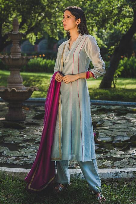 House Of Pink_Blue Chanderi Kurta Set_Online_at_Aza_Fashions