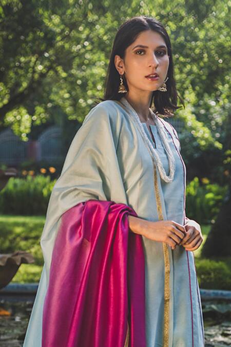 Buy_House Of Pink_Blue Chanderi Kurta Set_Online_at_Aza_Fashions