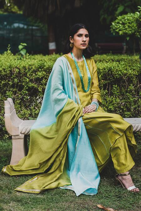 House Of Pink Green Chanderi Kurta Set Online at Aza Fashions House Of Pink_Green Chanderi Kurta Set_Online_at_Aza_Fashions