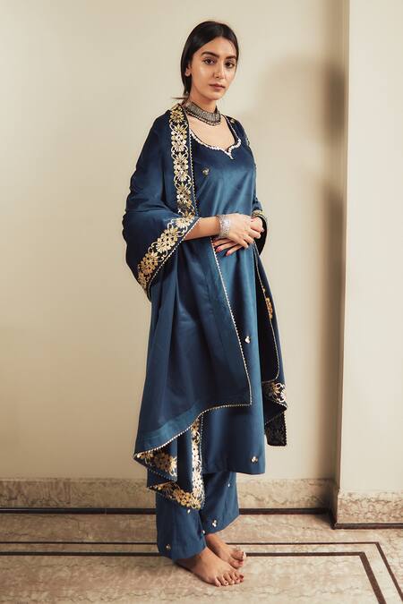 House Of Pink Blue Pure Velvet U Neck Embroidered Kurta Set Online at Aza Fashions House Of Pink_Blue Pure Velvet U Neck Embroidered Kurta Set _Online_at_Aza_Fashions