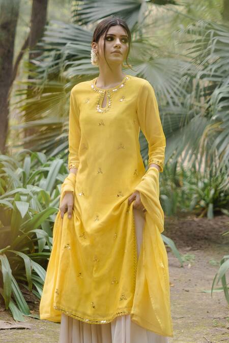 House Of Pink Yellow Chanderi, Crushed Cotton Kurta Set Online at Aza Fashions House Of Pink_Yellow Chanderi, Crushed Cotton Kurta Set_Online_at_Aza_Fashions